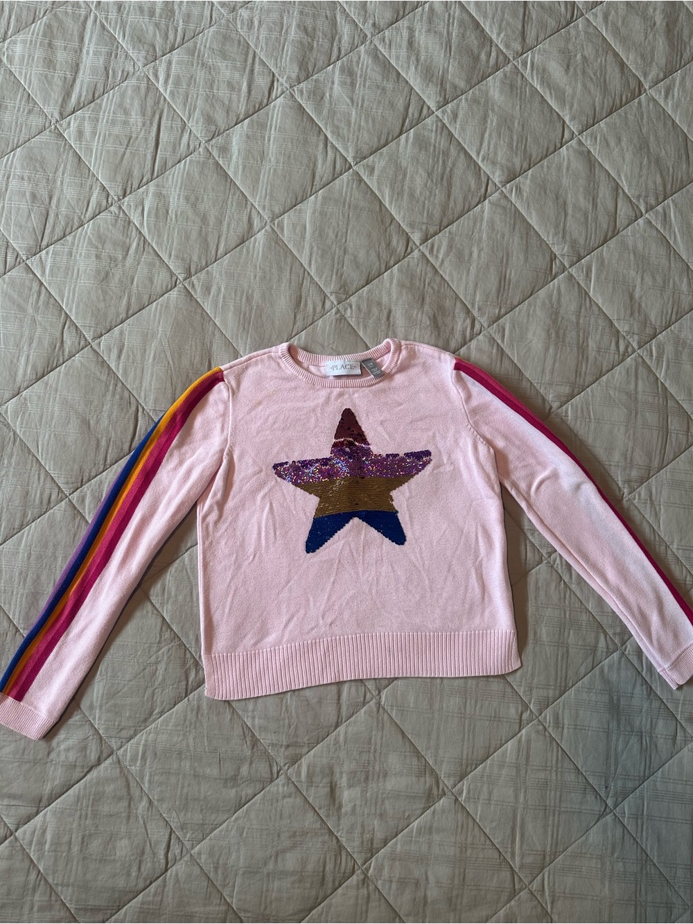 The Children's Place Pink Sweater with Rainbow Stripe Sleeves and Star Sequins